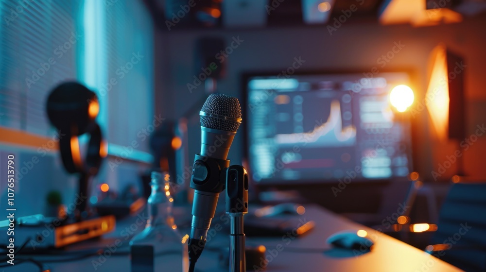 Aufkleber A microphone sits on a table in front of a TV, ready for use or recording