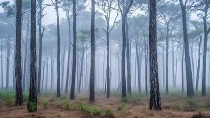 Fototapeta premium Tall Pine Trees in a Foggy Forest