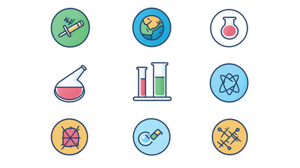 Fototapeta premium Icon set representing different scientific disciplines including biology, chemistry, physics, and mathematics, in a flat design style