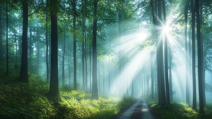 Obraz premium Misty Forest Illuminated by Ethereal Sunlight Creating an Otherworldly Atmosphere