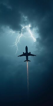 The aircraft encounters a severe thunderstorm, surrounded by dark clouds and illuminated by bright lightning strikes, highlighting the danger in the sky. Causes of air crashes. Generative AI