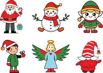 Christmas Cartoon Character Set: Santa Claus, Snowman, Elf, angle, and kids 