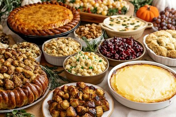 Thanksgiving feast spread with variety of holiday dishes