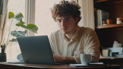 Focused young man with curly hair streaming a coding tutorial from home, seated at a minimalist desk with a laptop, concentrating on programming, professional workspace setting.