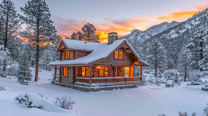 picturesque winter cabin nestled in snowy forest with stunning sunset backdrop, creating serene and cozy atmosphere