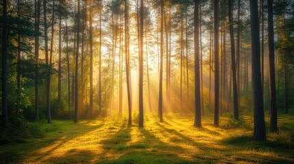 Sunlight filtering through tree branches in a forest