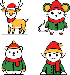 Holiday Animal Characters Vector: Deer, Elf, Mouse, and Bear in Red Hats