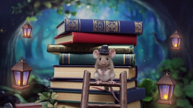 Adorable mouse sitting in front of a stack of books, symbolizing curiosity, knowledge, and the love for learning in a whimsical setup.