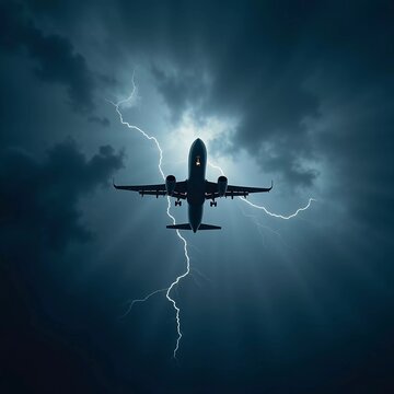 The aircraft encounters a severe thunderstorm, surrounded by dark clouds and illuminated by bright lightning strikes, highlighting the danger in the sky. Causes of air crashes. Generative AI