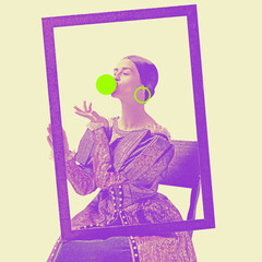 Historical medieval woman in elegant period dress blowing neon green bubblegum, framed within contrasting purple border. Contemporary art. History, comparison of eras, modernity concept. Pop art style