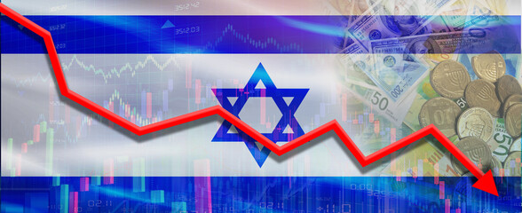 Financial fall of Israel on economy market. Israel financial crisis on economic graph