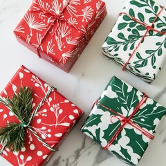 red and green wrapped presents on a white background with festive patterns