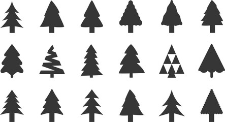 Collection of christmas trees. Black and white design. Merry Christmas and Happy New Year. Simple signs, symbols. Vector illustration