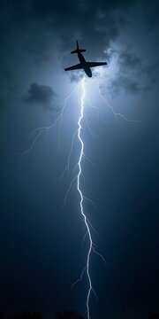 The aircraft encounters a severe thunderstorm, surrounded by dark clouds and illuminated by bright lightning strikes, highlighting the danger in the sky. Causes of air crashes. Generative AI