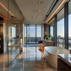 Modern Bathroom Interior Design with Freestanding Tub and City View