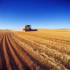 Obraz premium Front view of a modern automatic wheat harvester on a wheat harvester in a sunny summer day