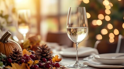 Fototapeta premium Elegant Thanksgiving table setting with wine glass and decor