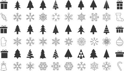 Collection of Christmas trees, snowflakes and gift boxes. Black and white design. Merry Christmas and Happy New Year. Simple signs, symbols. Vector illustration