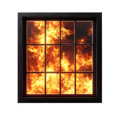 Flames Burning Brightly Through a Window Pane in a Darkened Room Isolated on Transparent Background.