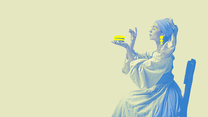 Historical medieval woman in elegant period dress, sitting and eating burger. Modern twist, fast food and tradition. Contemporary art. Concept of eras comparison. Copy space