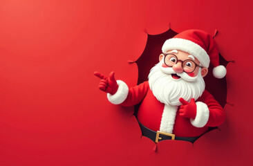 Joyful santa claus peeking through red background for festive christmas design