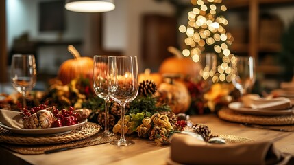 Festive Thanksgiving table setting with warm lighting