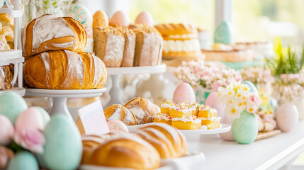Obraz premium An array of colorful baked treats and pastel eggs showcases a festive spring celebration