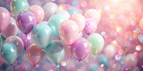 Pastel Balloons Floating Gracefully Against a Soft Pink Background, Captured with Bokeh Effect for a Dreamy and Whimsical Atmosphere in Celebratory Themes