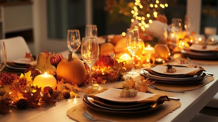Festive table setting with autumn decor and warm lights