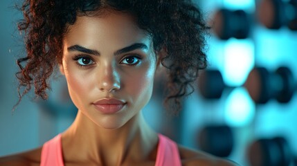 Fototapeta premium Confident Young Woman with Determined Expression in a Modern Gym Setting