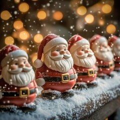 Santa figurines lined up on a snowy shelf, with blurred holiday lights