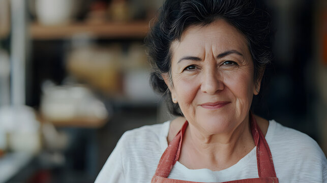A middle-aged latina woman smiles warmly, wearing an apron, in a minimalistic setting, exuding confidence and friendliness with a soft-focus background