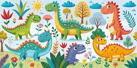 Playful Portrait of Hand-Drawn Funny Dinosaurs with Creative Elements for Children's Book Illustrations and Educational Materials