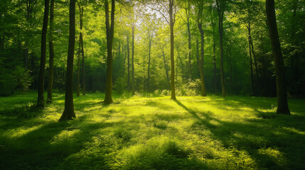 Obraz premium Lush green forest with sunlight streaming through the trees casting soft shadows on the forest floor, creating a serene atmosphere