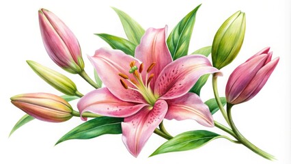 Fototapeta premium Capture the beauty of blooming pink lilies in watercolor. Ideal for cards and invitations, this illustration brings a touch of elegance and grace to any design.