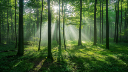 Obraz premium Lush green forest with sunlight streaming through the trees casting soft shadows on the forest floor, creating a serene atmosphere