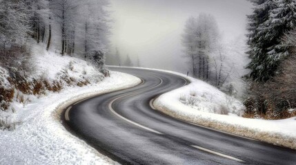 Fototapeta premium A winding road through a snowy landscape, shrouded in fog and surrounded by trees.