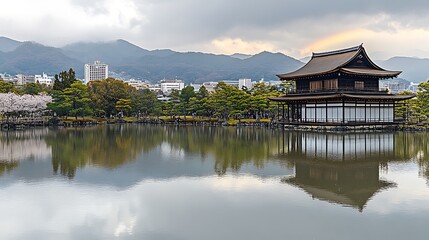 Obraz premium Traditional Japanese Temple Reflected in a Calm Pond with Mountain Backdrop