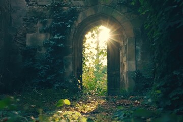 Obraz premium A historic entrance with ancient stones and lush greenery