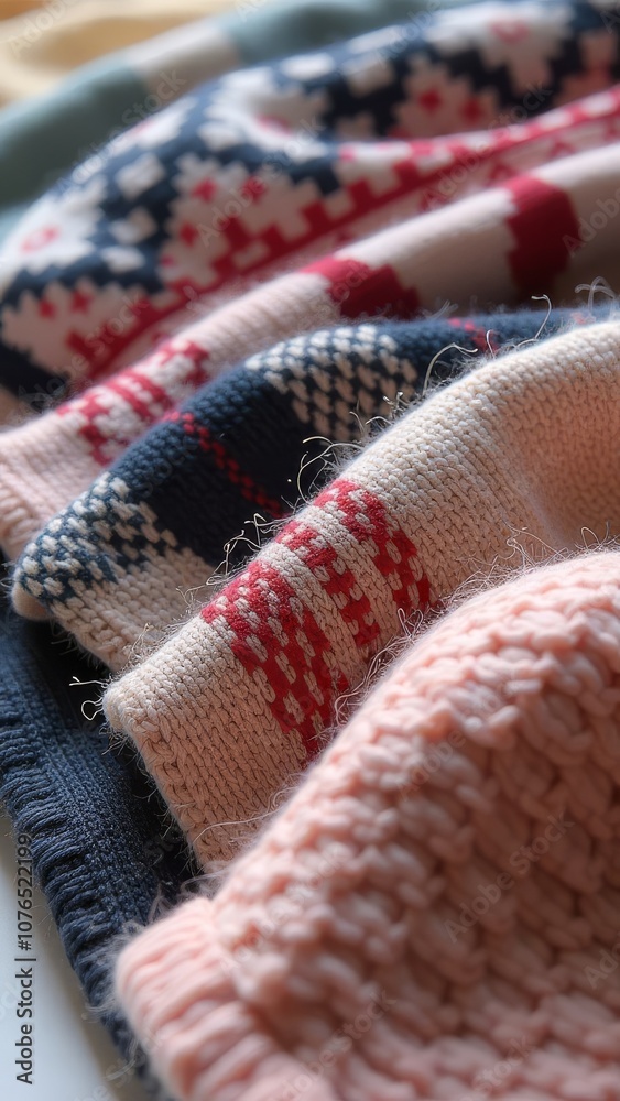 Poster A row of knitted scarves with different patterns and colors