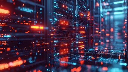 Obraz premium Futuristic Data Center with Glowing Servers and Cybersecurity Algorithms Protecting Against Cyber Attacks