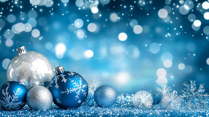 New Year's Eve celebration with shimmering blue and silver ornaments and sparkling snowflakes in a festive winter background