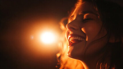 Woman singing joyfully in soft golden light during a performance at a local venue in the evening