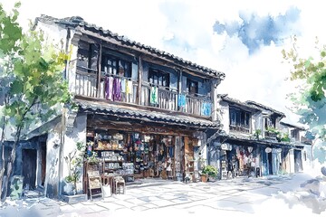 Watercolor sketch or illustration of the traditional European urban architecture in Tbilisi. Capital of Georgia
