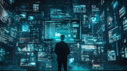 Cybersecurity Analyst Surrounded by Glowing Screens Monitoring Threat Detection Algorithms and Encrypted Data Streams