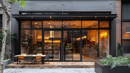 A modern storefront with large glass windows, a patio, and a brick wall.