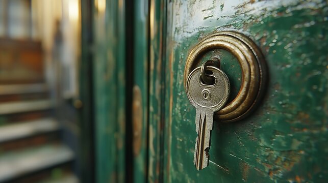 Open door with keys , new home concept Focus on a key new chapter in homeownership.