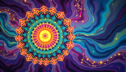 psychedelic and surreal fantasy concept, nirvana or heaven, mandala, magical flow of the universe, cycle of birth and rebirth in the hindu philosophy, colorful cartoon wallpaper art