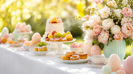 A vibrant outdoor gathering showcases a colorful dessert table adorned with flowers and festive treats in springtime