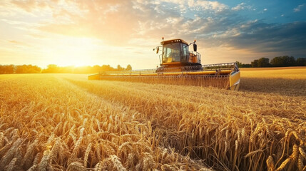 Obraz premium Machinery harvesting wheat in a golden field at sunset, showcasing the agricultural process and serene landscape